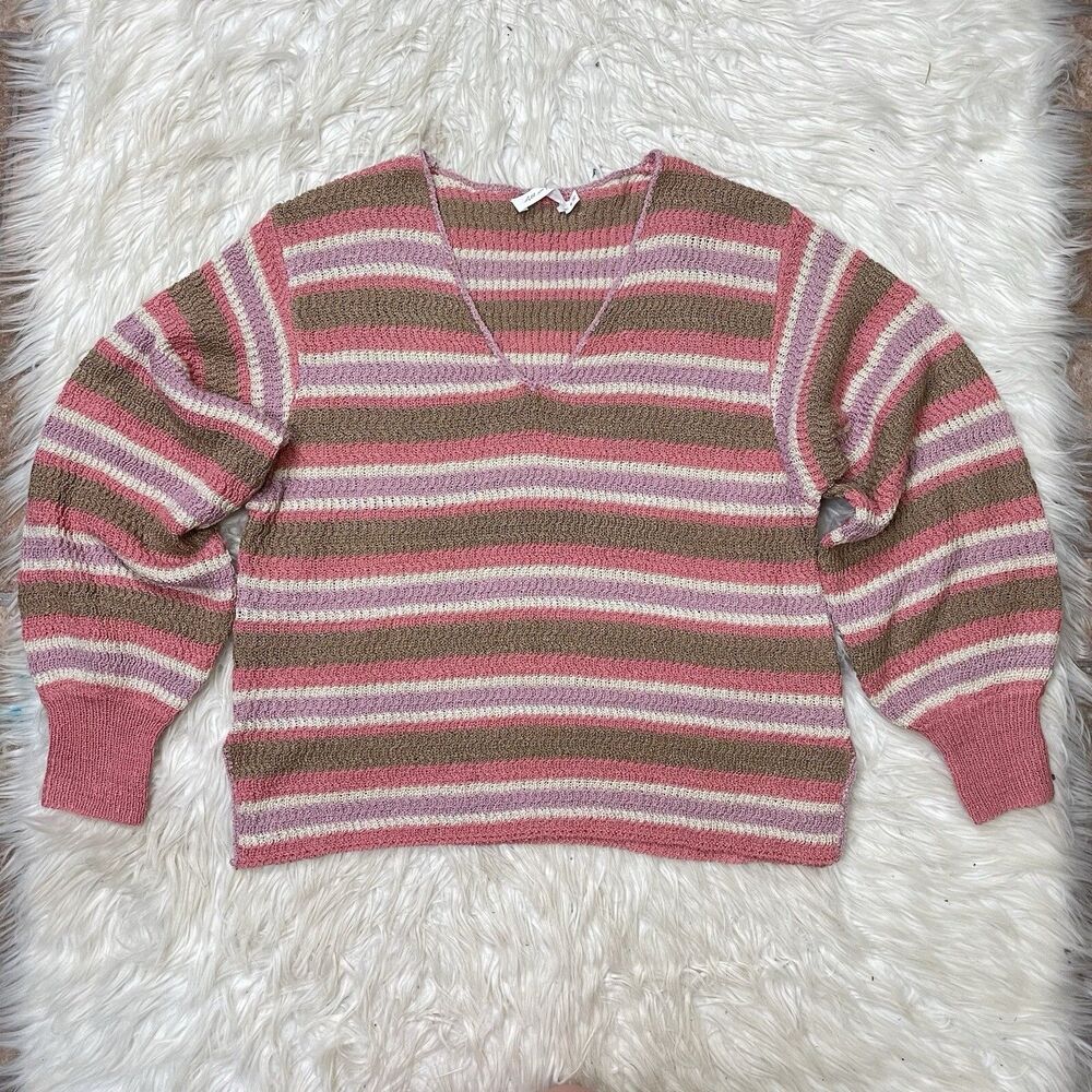 Y2K Crochet Pullover Sweater Womens Medium Pink Tan Stripe Hippie Oversizes Femm